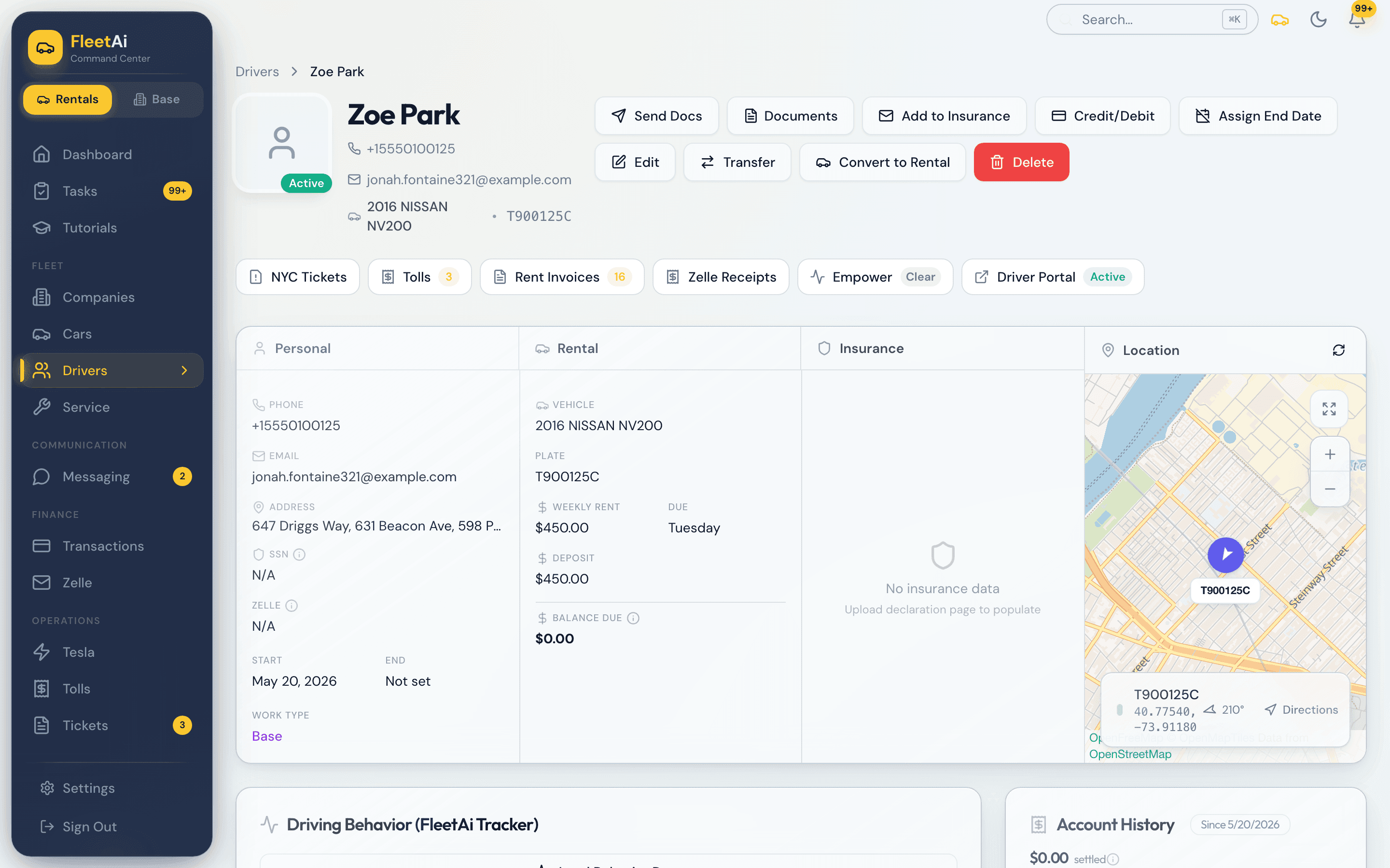 A driver's profile in FleetAi: balance settled, low risk, rental and insurance details, and the car's live location