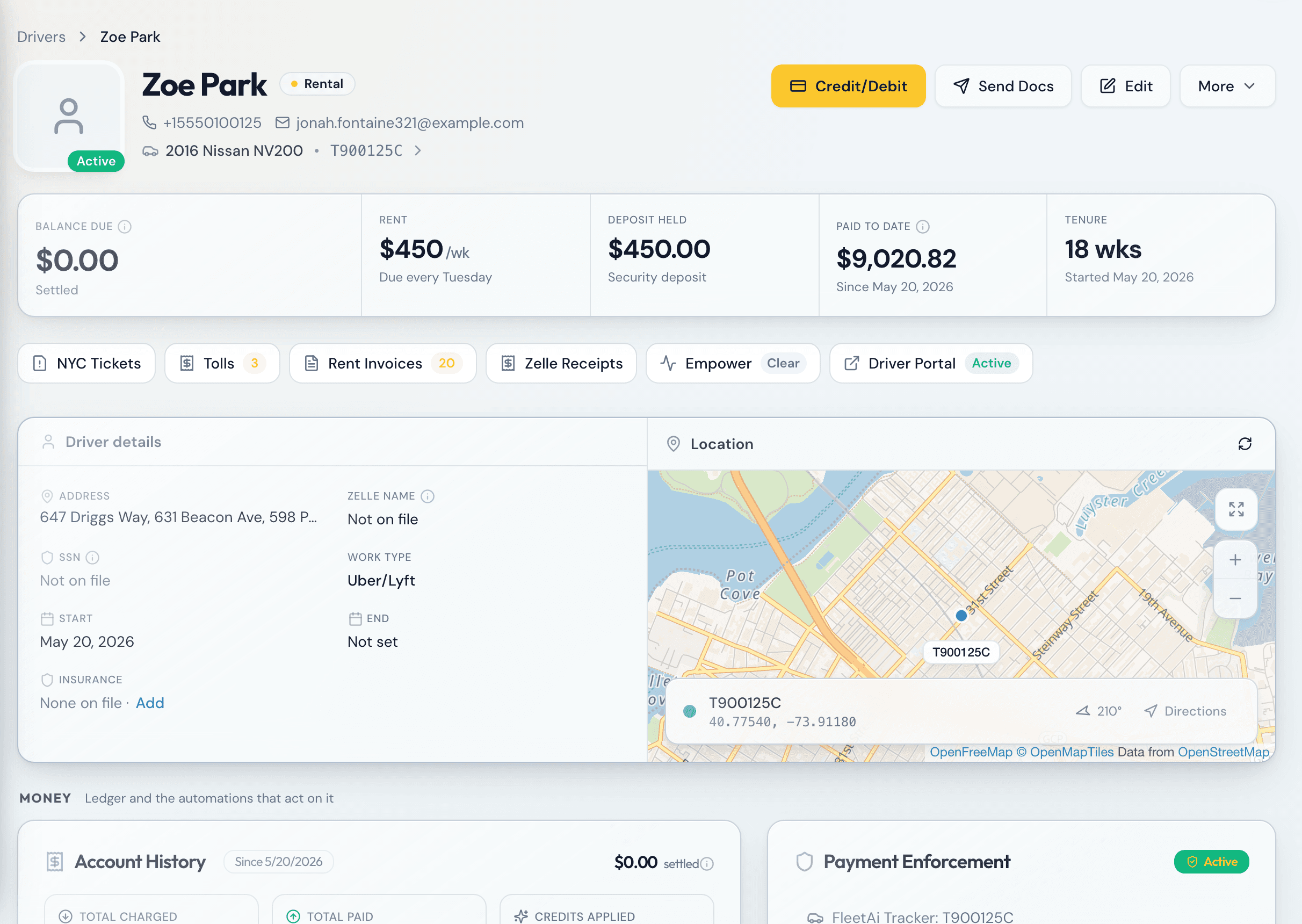 A driver's page in FleetAi: balance due, weekly rent, deposit and paid to date, driver details, and the car's live location