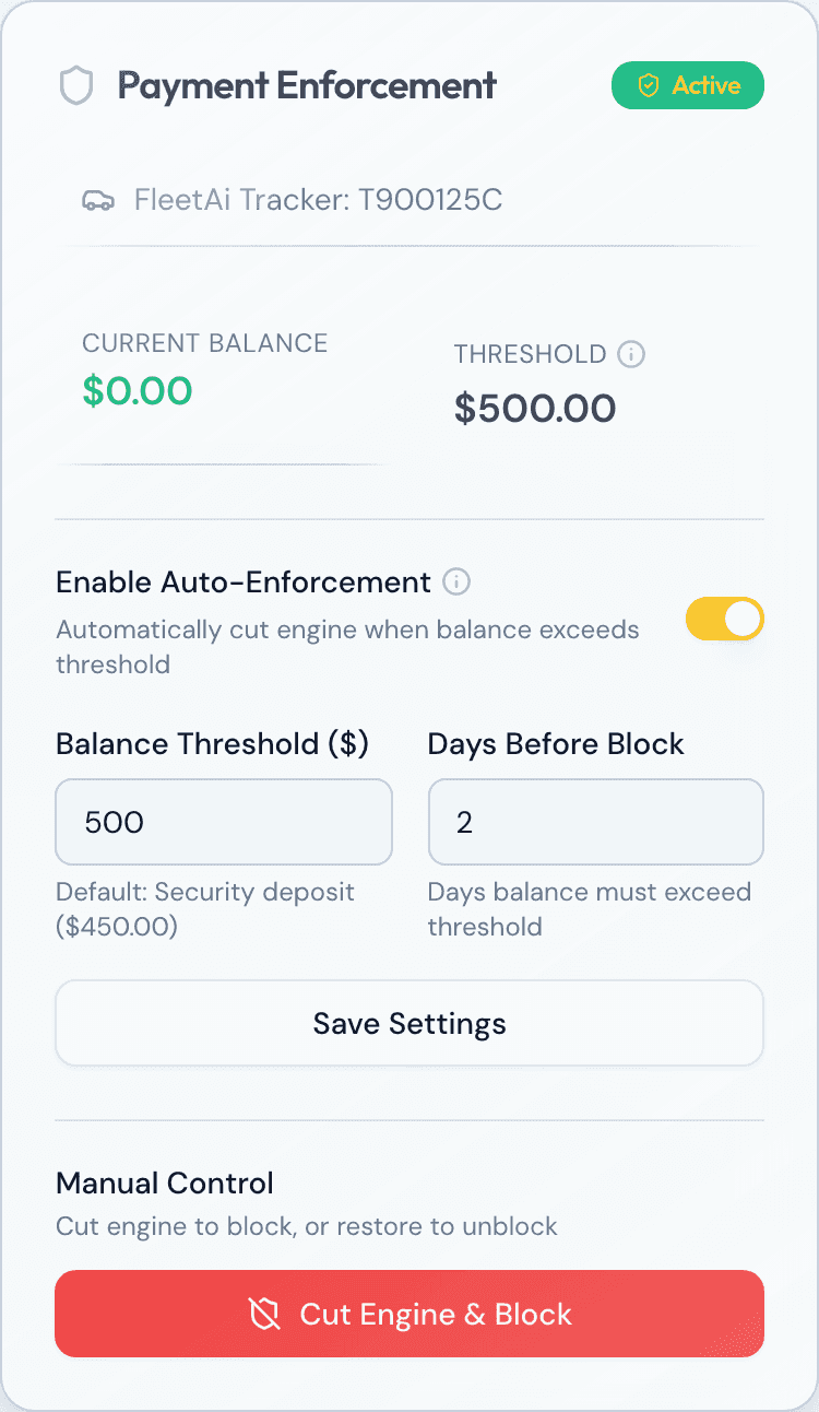 The Payment Enforcement card: automatic enforcement on, a $500 threshold, a two-day grace period, and the engine cut control