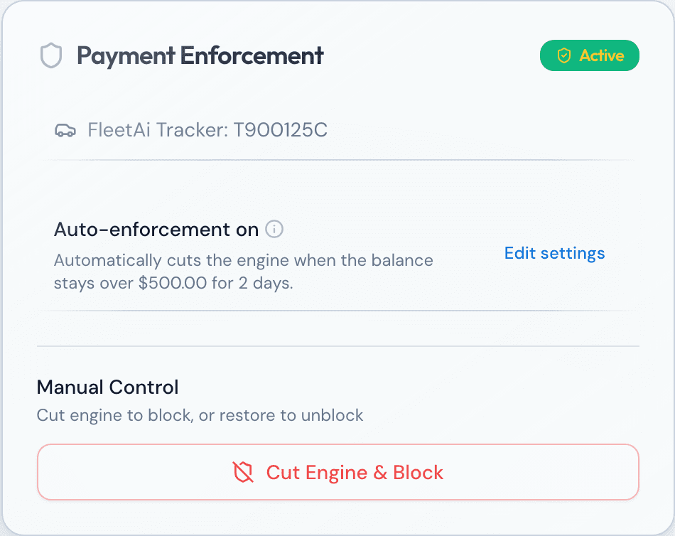 The Payment Enforcement card: automatic enforcement on, a $500 threshold, a two-day grace period, and the engine cut control