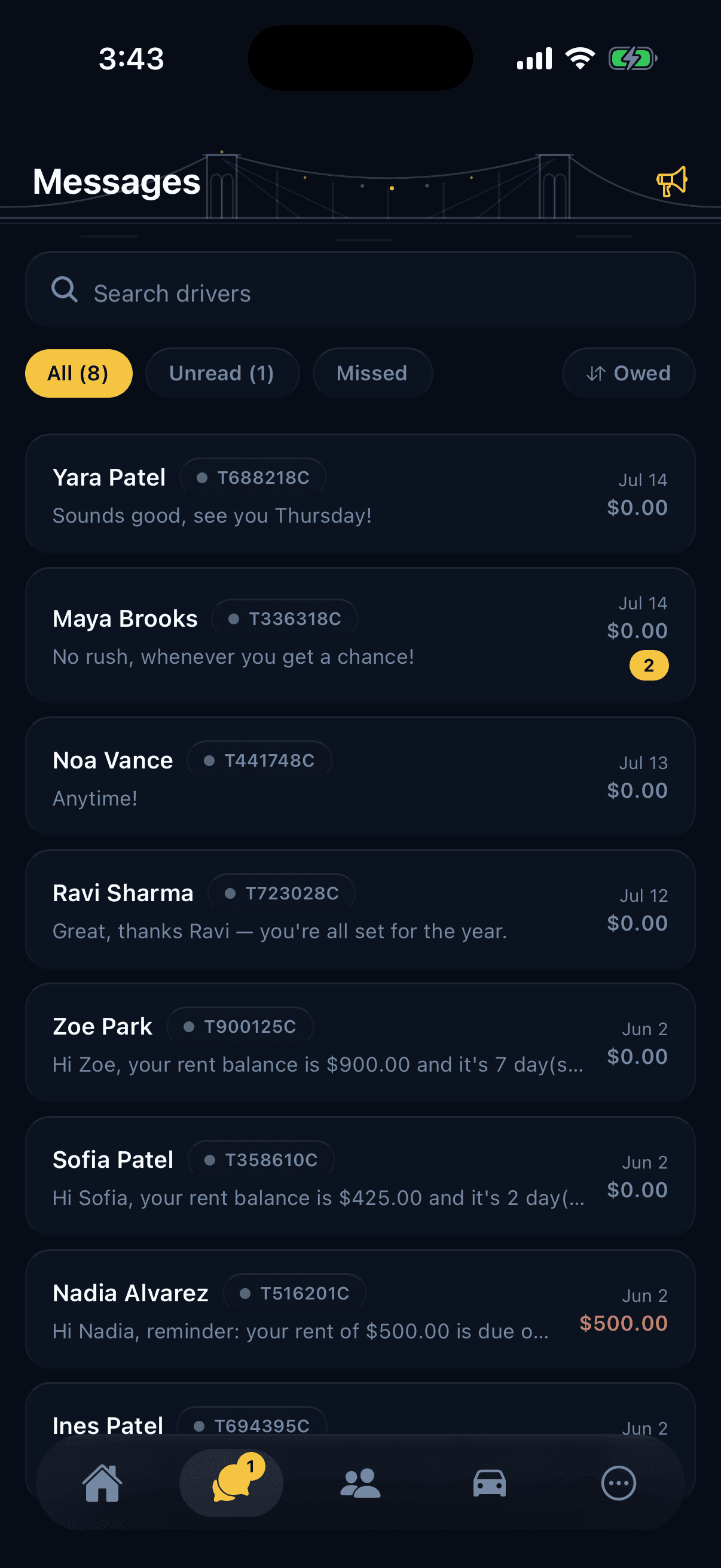 FleetAi Manager's Messages tab: one thread per driver with the balance beside each name