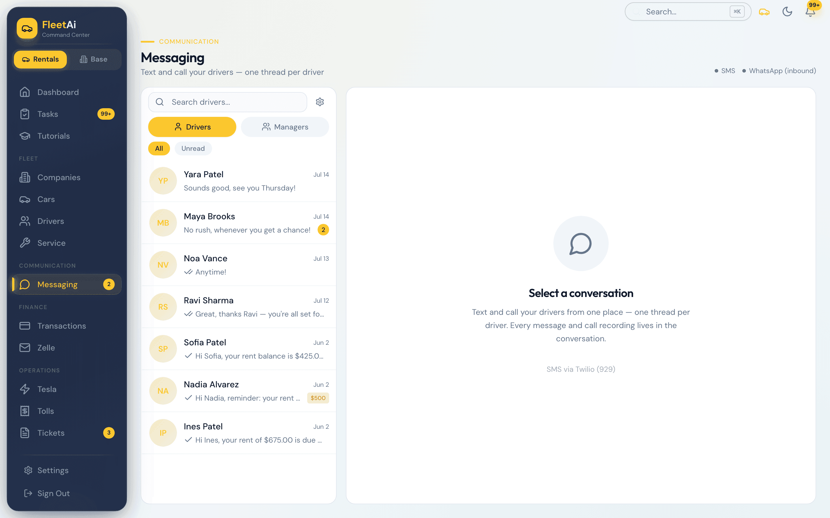 The messaging inbox: one thread per driver with balances beside each name