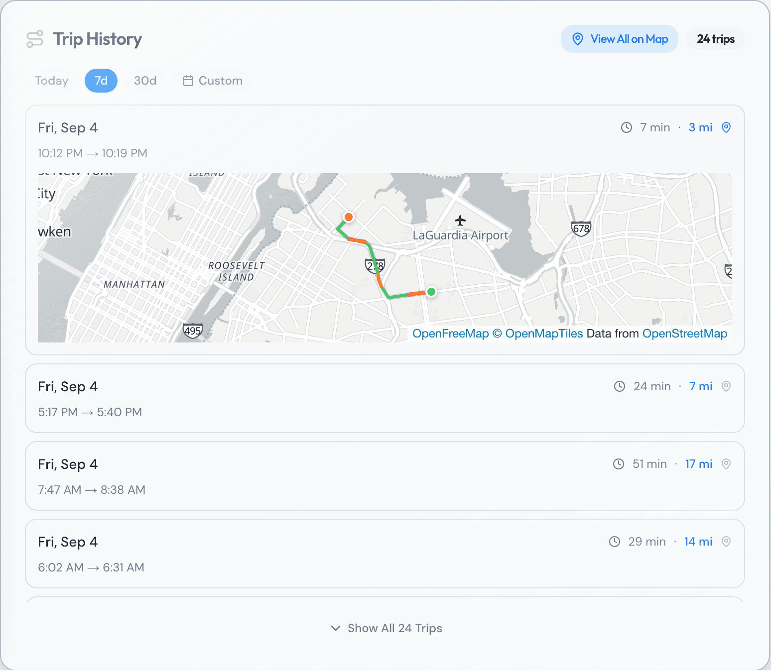A driver's Trip History: a week of trips with start, end, distance, duration, and top speed, over a route map