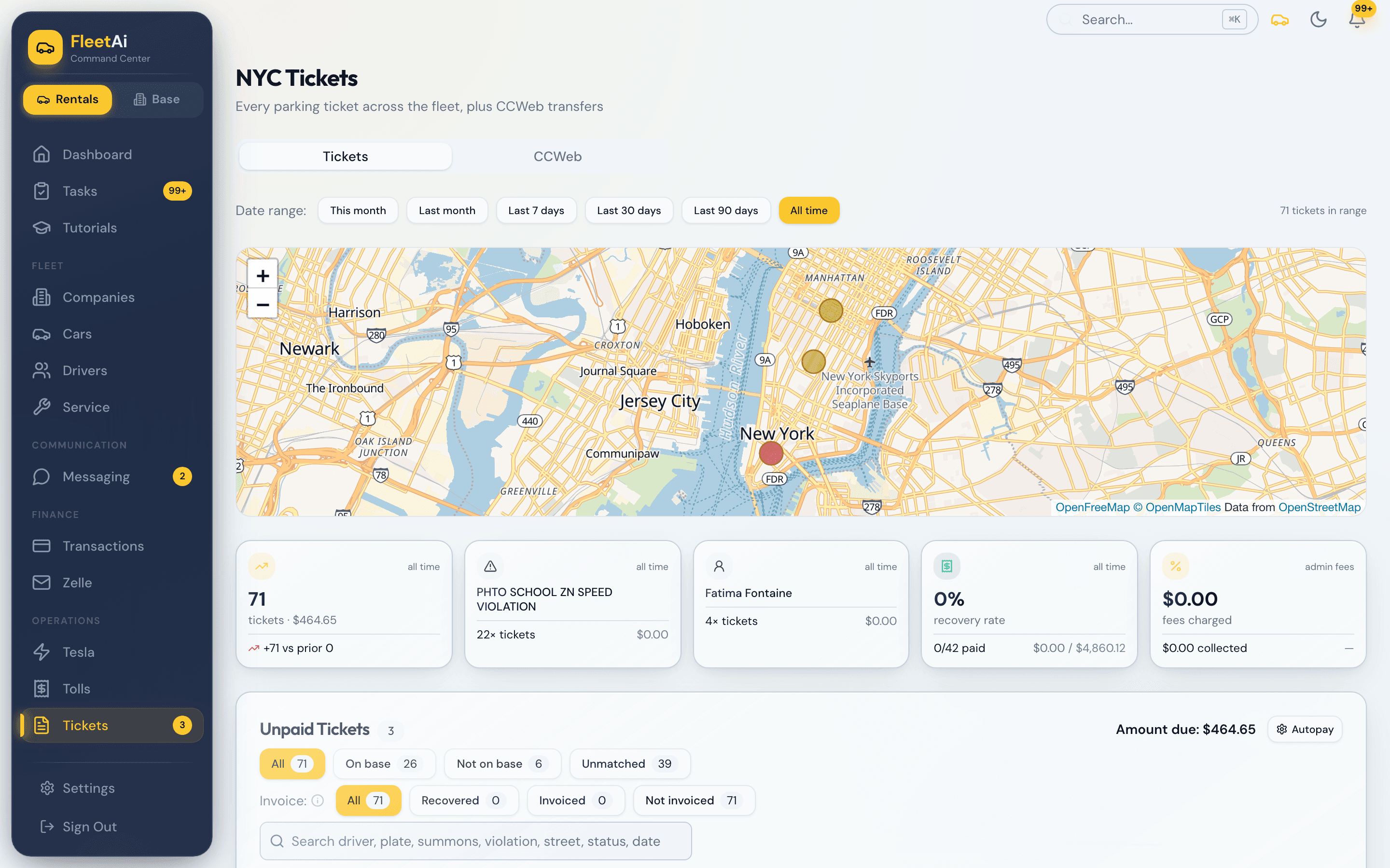 The Tickets page: the whole fleet's parking and camera tickets, a hotspot map, and the weekly counts